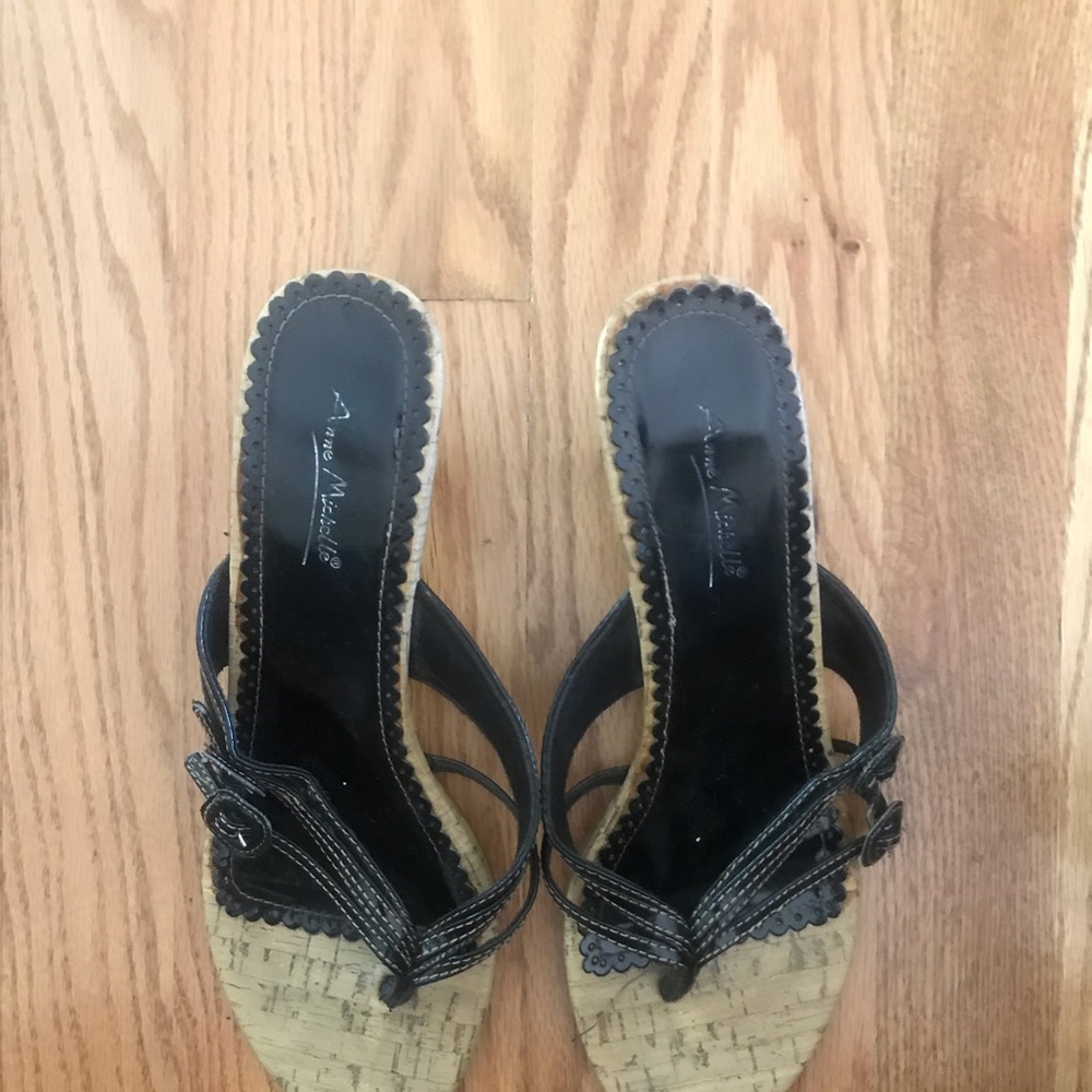 Black low heeled Anne Michelle sandals, size 9